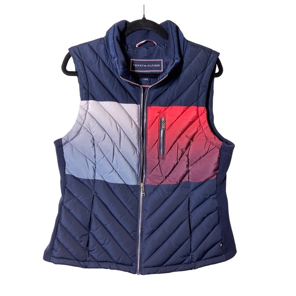 Tommy Hilfiger Puffer Vest Womens L Navy Blue Full Zip Colorblock Sleeveless - Picture 1 of 9